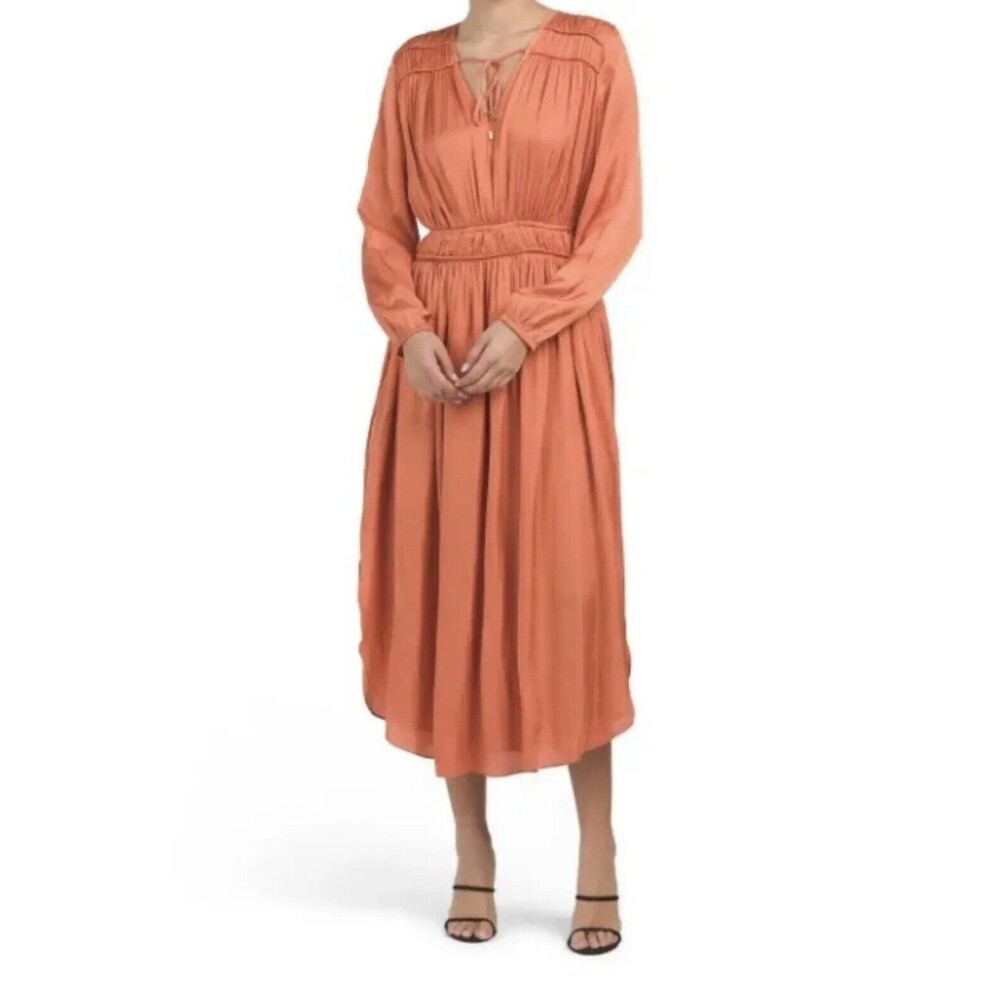 ELIE TAHARI Long Sleeve Dress Medium Midi Length Orange Elastic Waistband NEW